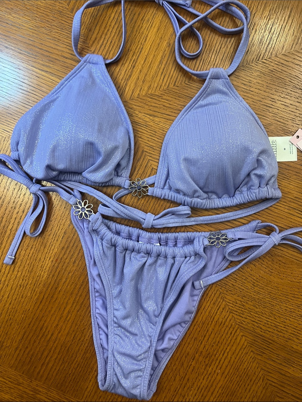 Lavender Purple Sparkle Triangle String Bikini XXS bottom / Med top B14.